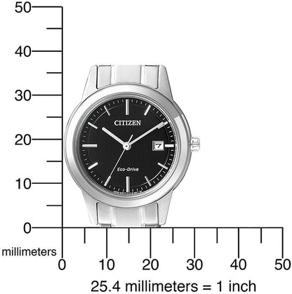 Damklocka: rostfritt stålhölje och armband, svart urtavla med Eco-Drive och datum vid 7