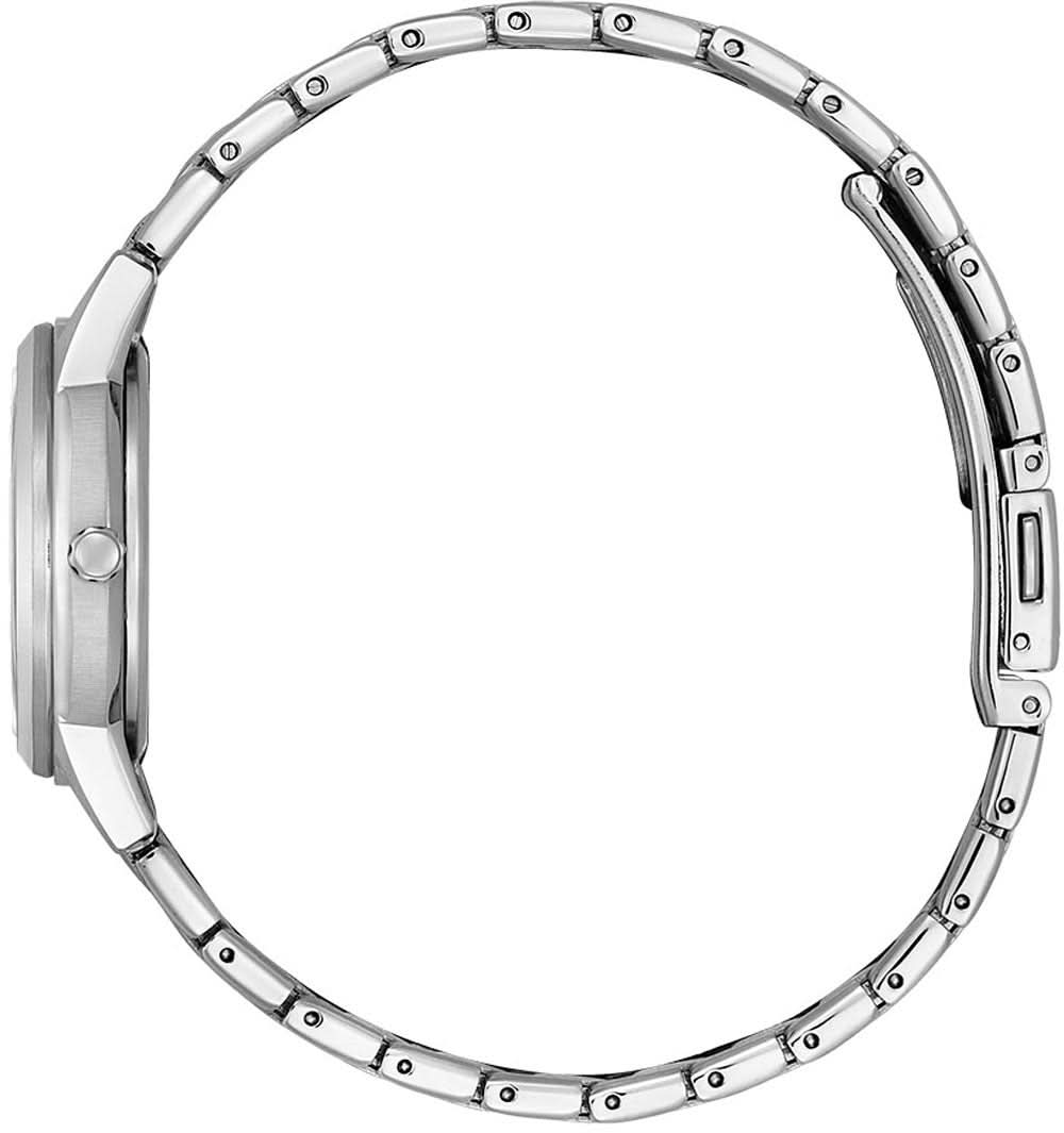 Armband i rostfritt stål med boett från sidan, synlig krona