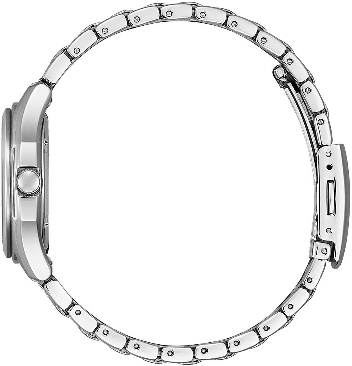 Armbandsur i rostfritt stål med länkar och sidokrona, sedd från sidan