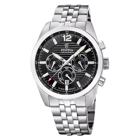 Festina Chronograph-Uhr mit Edelstahlband, schwarzem Zifferblatt und Mineralglas