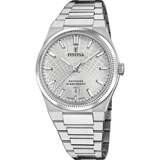 Festina Herrenuhr mit grauem Zifferblatt, Stahlarmband, Datumsfenster, Saphirglas