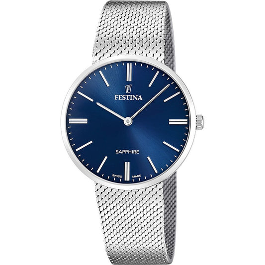 Festina Herrenuhr mit blauem Zifferblatt und Milanaise-Metallarmband, rundem Gehäuse