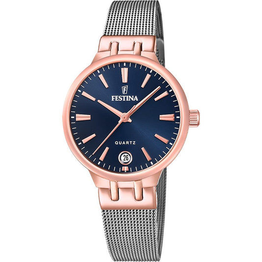 Festina Damenarmbanduhr mit dunkelblauem Zifferblatt, Datum und rosafarbenem Gehäuse