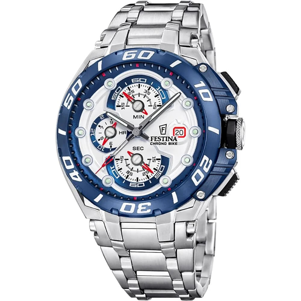 Festina herrchronograf med blå urtavla och armband i rostfritt stål