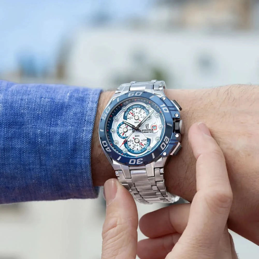 Festina herrklocka med kronograf och blå urtavla