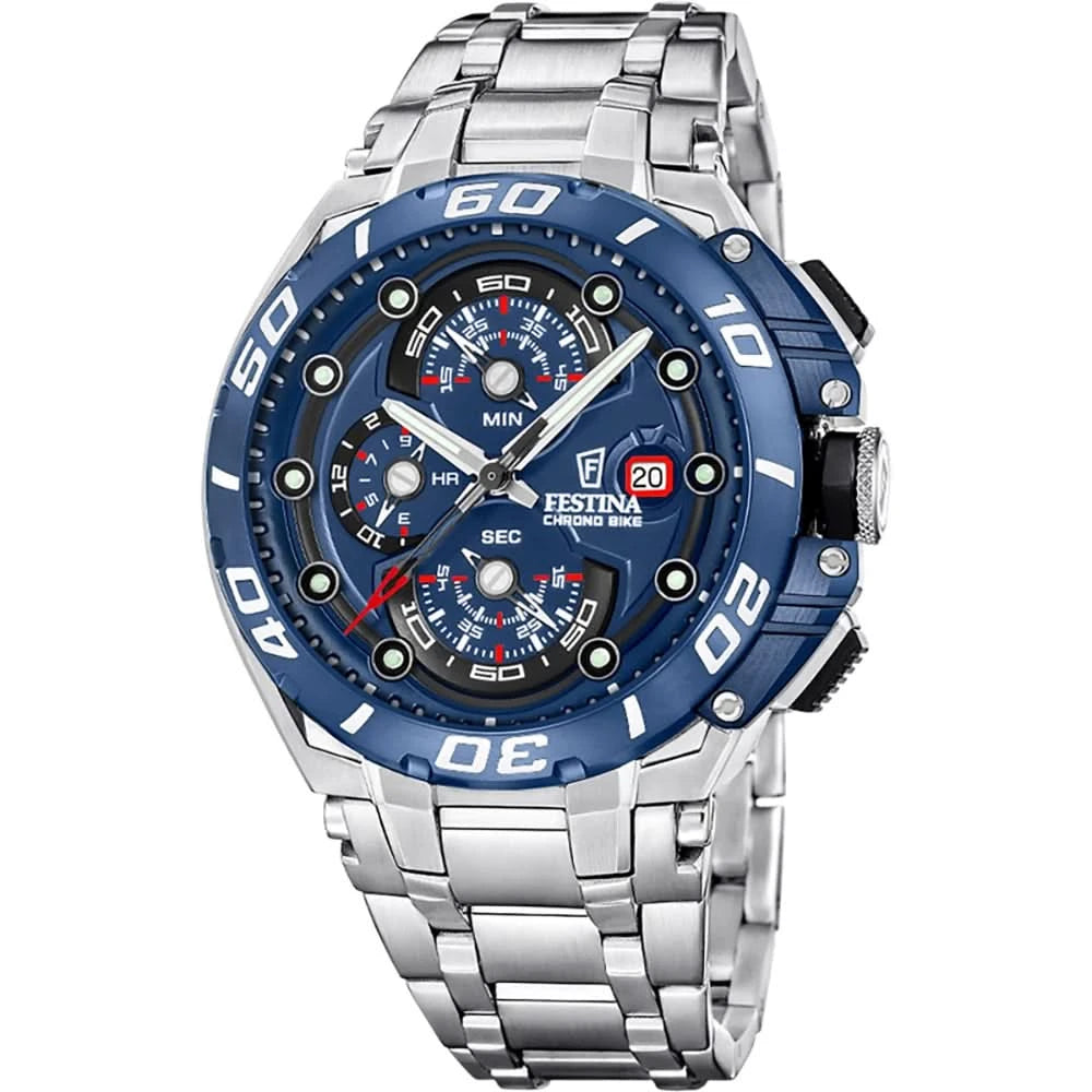 Festina Bike herrklocka kronograf med blå urtavla och silverfärgat metallarmband
