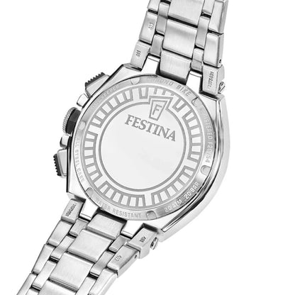 Klockfodral baksida i silvermetall med Festina-tryck, rund design