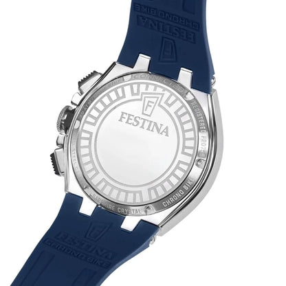 Herrklocka med FESTINA-logotyp och blått armband, sedd från baksidan