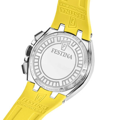 Klockfodral med gult silikonarmband, baksida med FESTINA-text