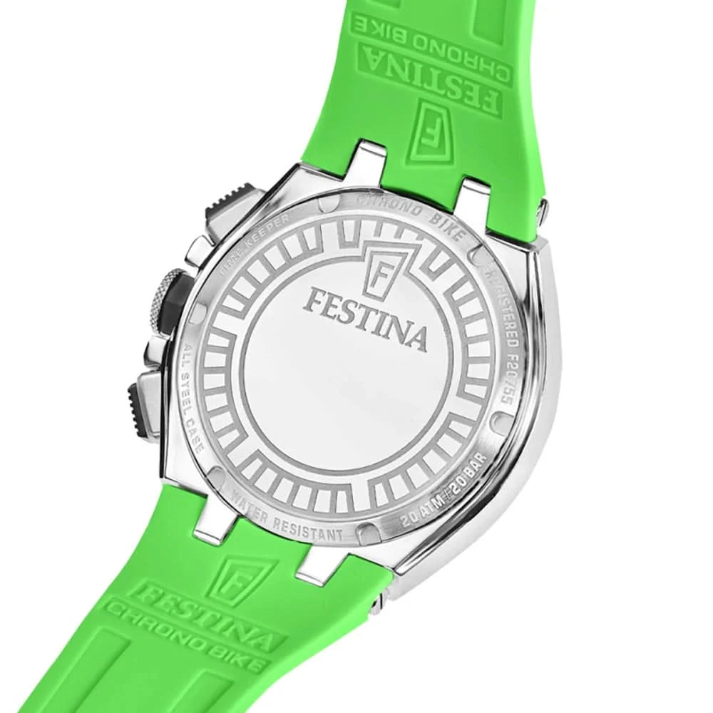 Festina herrklocka baksida med silverfärgat hölje och grönt silikonarmband
