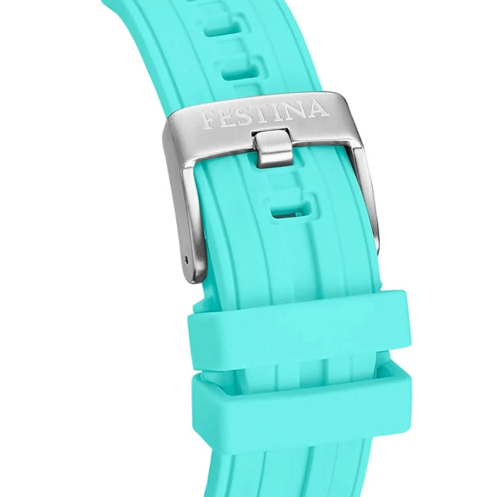 Herrklocka med turkos silikonarmband och metallspänne på övre delen av bandet