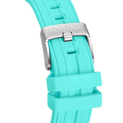 Herrklocka med turkos silikonarmband och metallspänne på övre delen av bandet