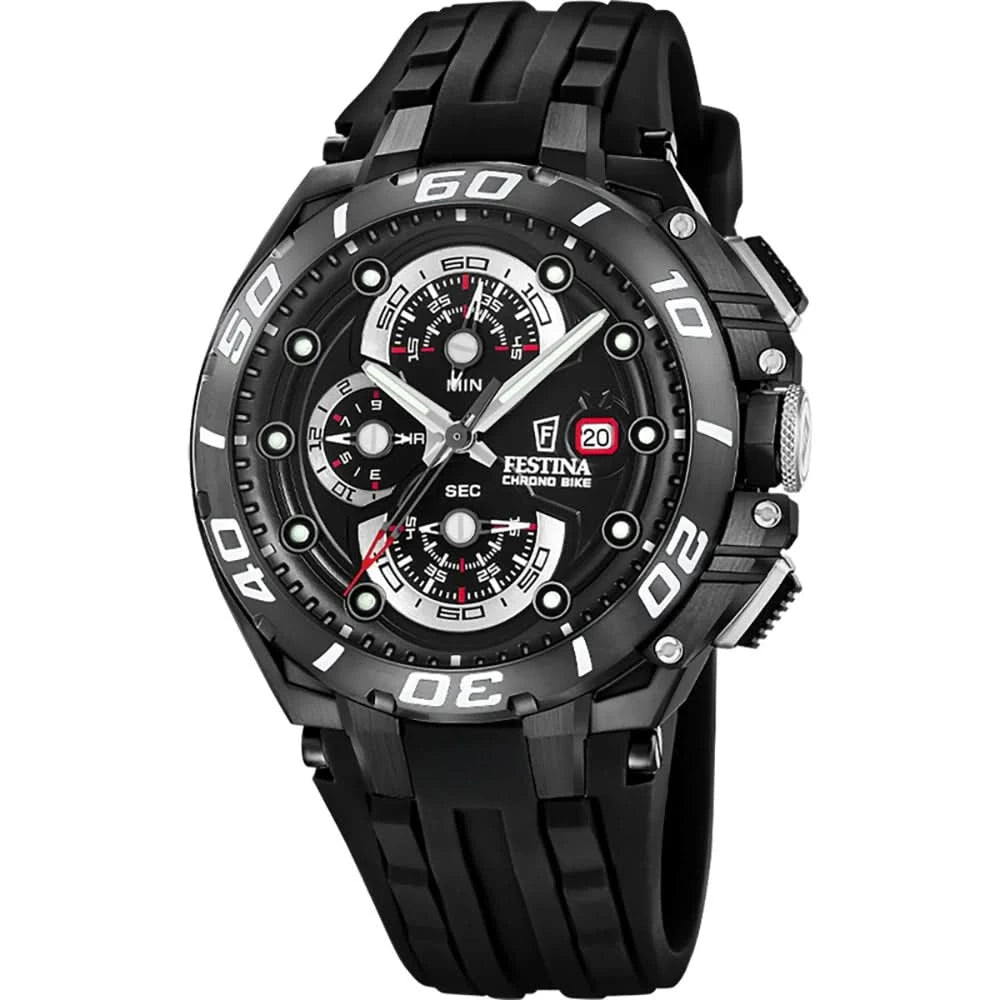 Festina herrklocka kronograf med svart urtavla och svart metallarmband, sida