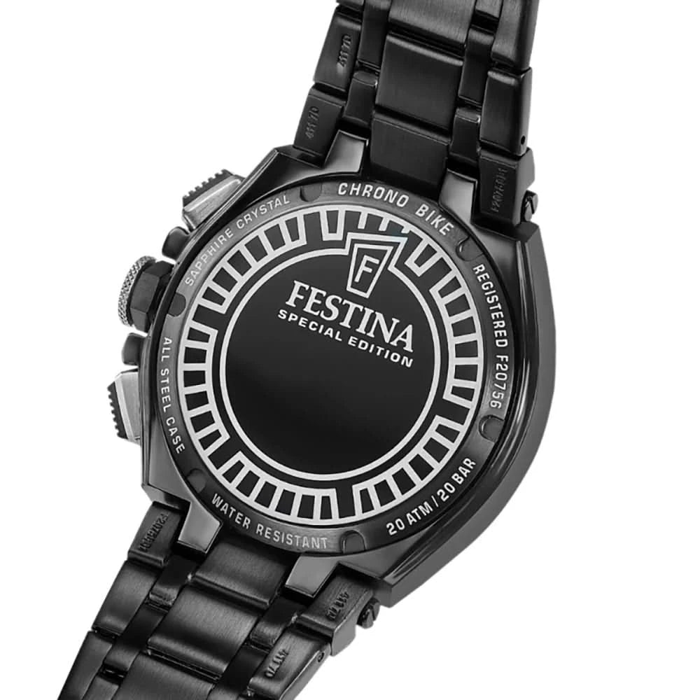 Festina klockbaksida med gravyr, svart armband och krona på boetten