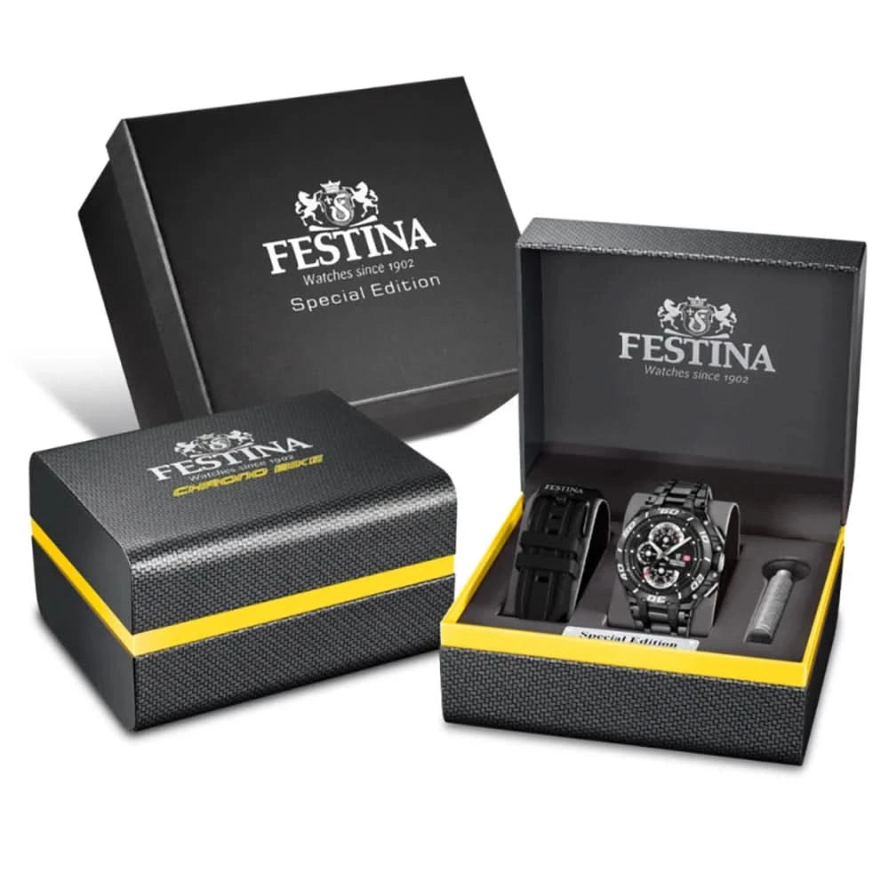 "Festina klockbox-set: svarta boxar med gul accent och klocka i insats"