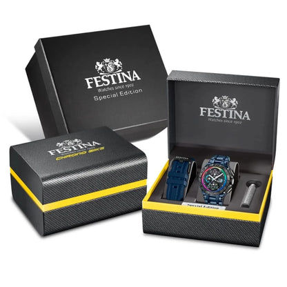 Klockset i förpackning: Festina-box och klocka i kartong med blått armband