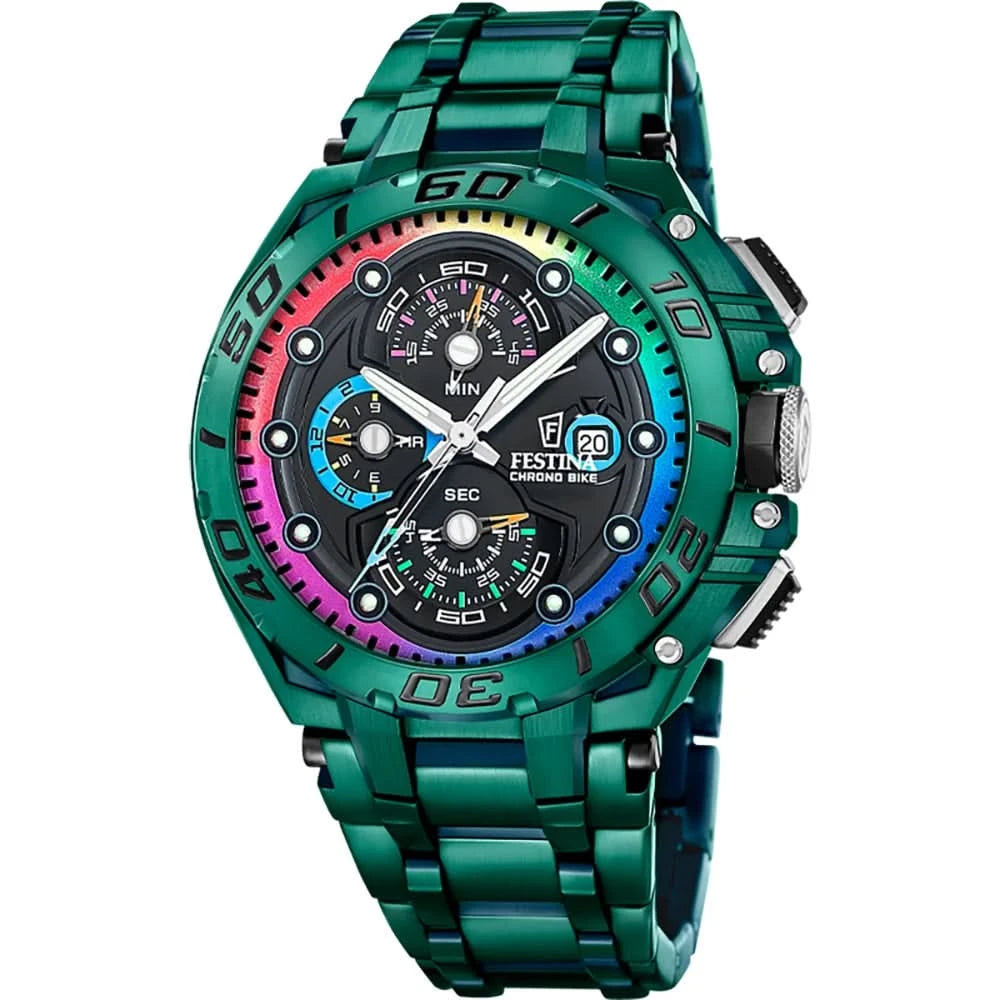 Festina Chrono Bike herrklocka, grönt armband, svart urtavla