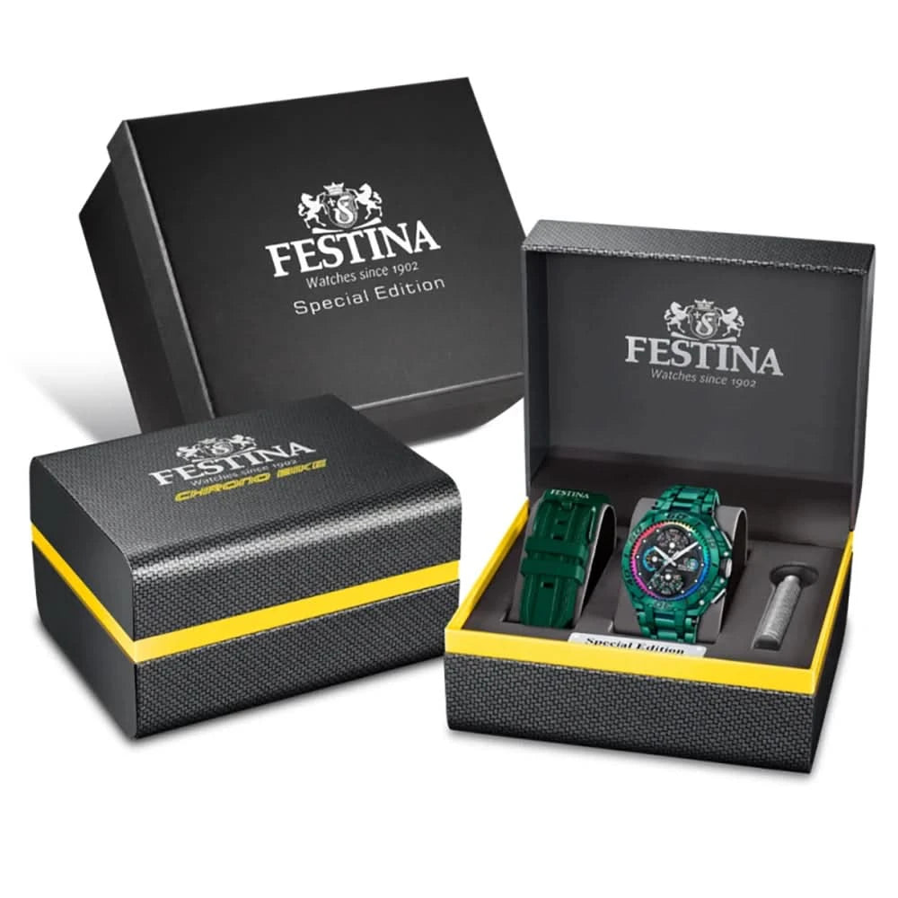 Festina Special Edition klockbox-set med klocka, grönt armband och tillbehör