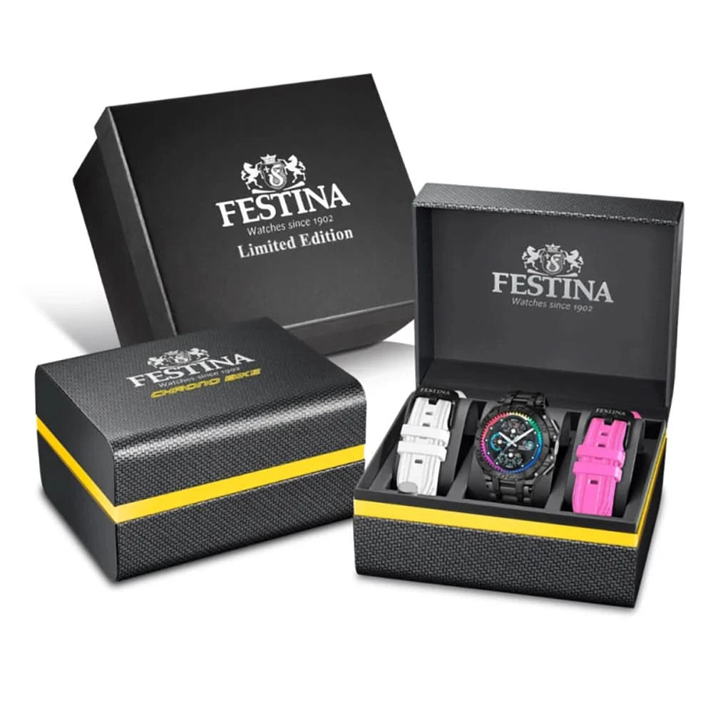 Klockset: svart förpackning med Festina-logotyp, klocka i kartong med extra armband
