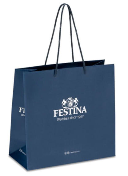 Papperspåse med Festina-logotyp, mörkblå design och bärhandtag