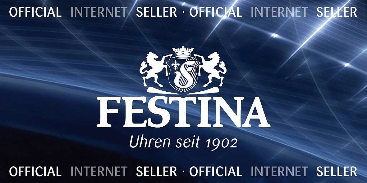 Festina-reklamlogotyp på blå bakgrund med ”Klockor sedan 1902”