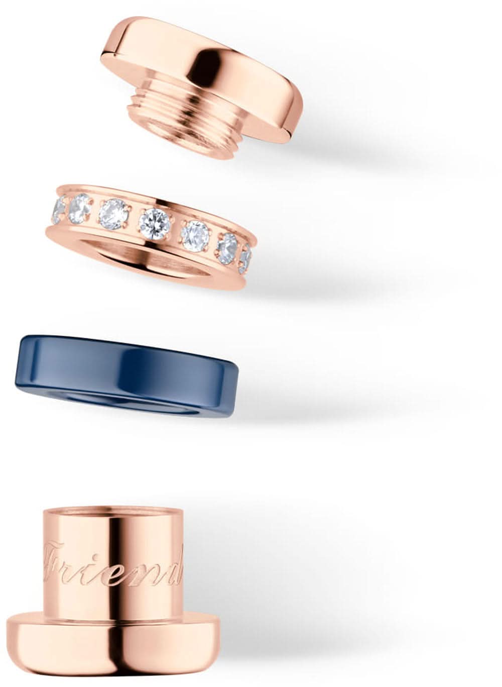Charm-element i rostfritt stål i roséguld och blått: cylinder och band med prydnadsstenar