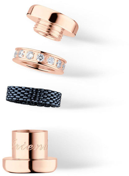 Roséguldfärgade charm-ringar med kristaller och blått flätat band