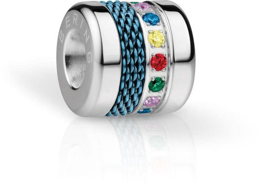 Bering Jewelry berlock i rostfritt stål med blått flätmönster och färgglada prydnadsstenar i en cirkelring