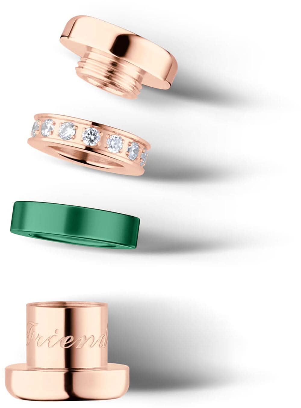 Charm i rostfritt stål med grön emalj, roséguldfärgad ring och zirkonia