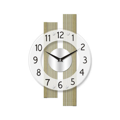 Wanduhr mit rundem Zifferblatt, Eichenholzstreifen und schwarzen Zahlen, silbernen Zeigern