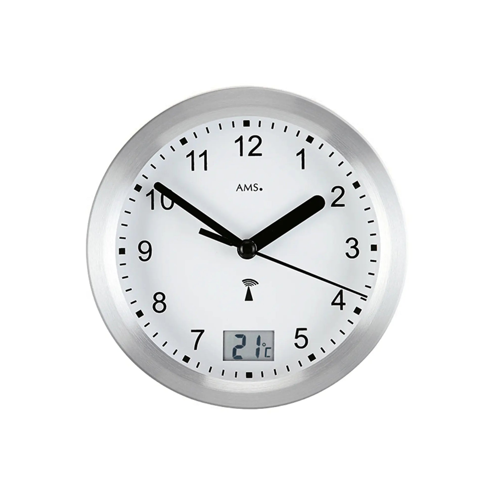 Runde Wanduhr in Silber mit weißem Zifferblatt, schwarzen Zeigern und Digitalanzeige 21