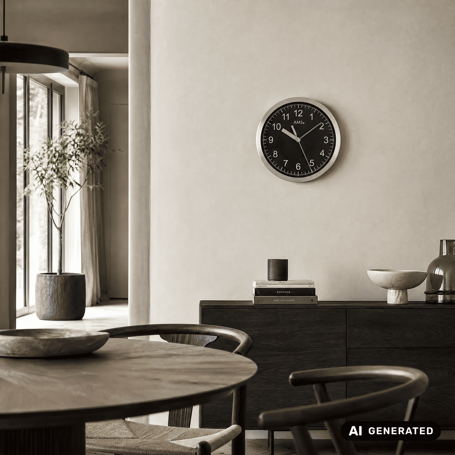 Wanduhr an der Wand mit schwarzem Ziffernblatt und silbernem Aluminiumrahmen, AMS