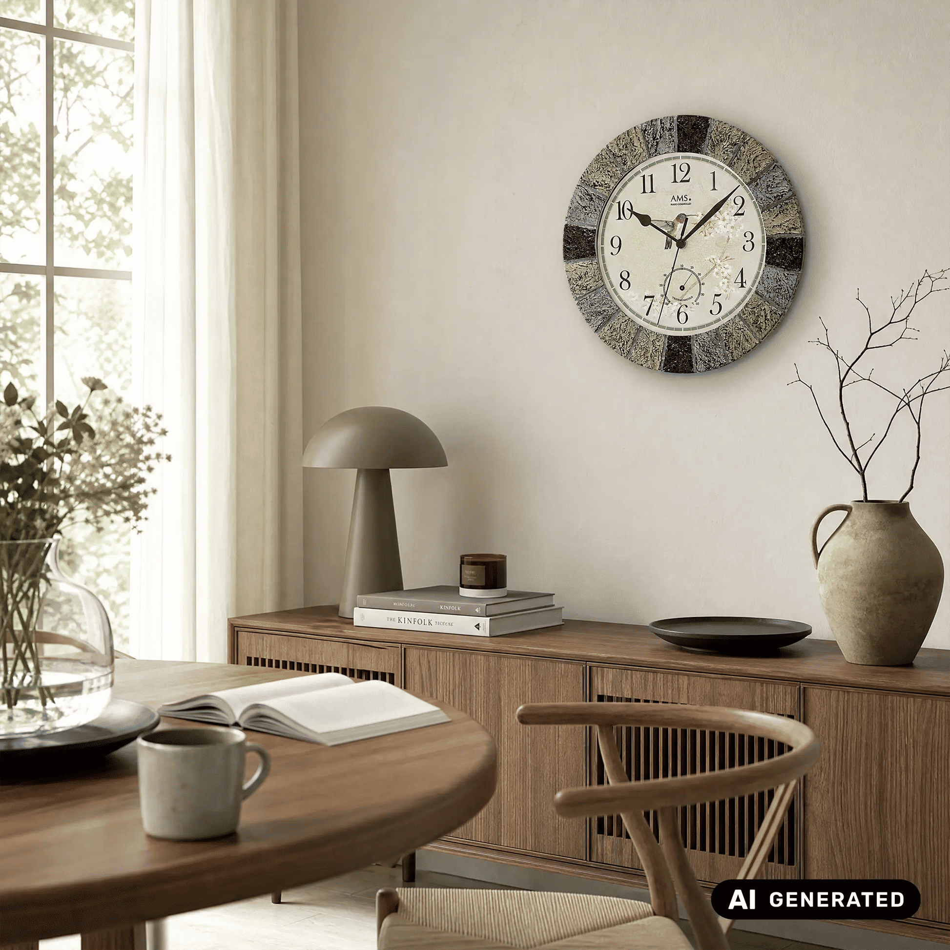 Runde Wanduhr mit Steinoptikrahmen in Schwarz-Grau und beigem Ziffernblatt mit Zeigern