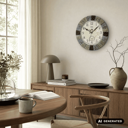 Runde Wanduhr mit Steinoptikrahmen in Schwarz-Grau und beigem Ziffernblatt mit Zeigern