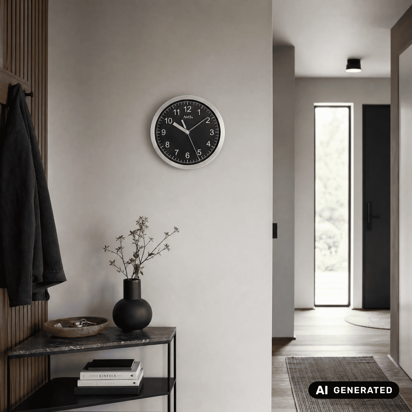 Wanduhr an der Wand mit schwarzem Ziffernblatt, silbernem Aluminiumrahmen und AMS