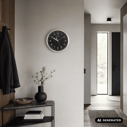 Wanduhr an der Wand mit schwarzem Ziffernblatt, silbernem Aluminiumrahmen und AMS