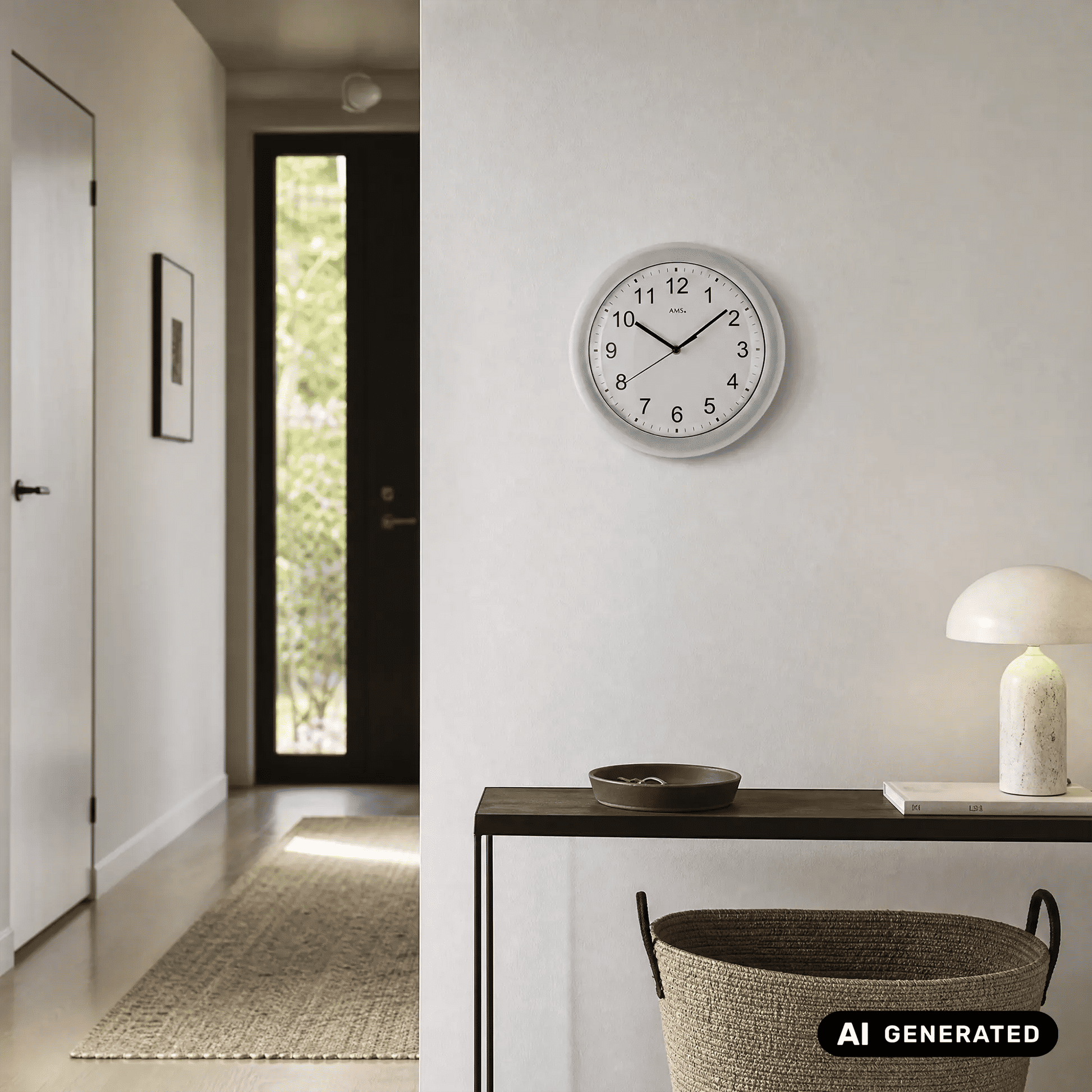 Wanduhr mit silbernem Gehäuse und weißem Zifferblatt, schwarze Ziffern und Zeiger
