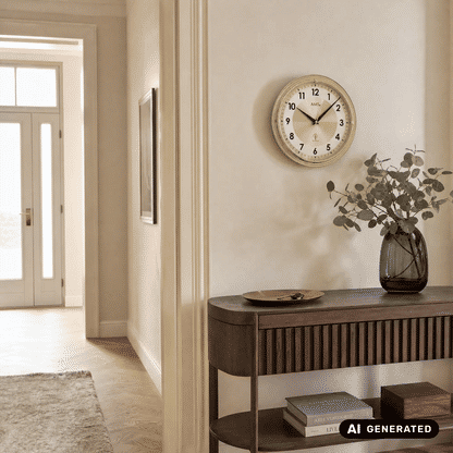 AMS Funk-Wanduhr mit Messingrahmen und beigem Zifferblatt, schwarze arabische Ziffern