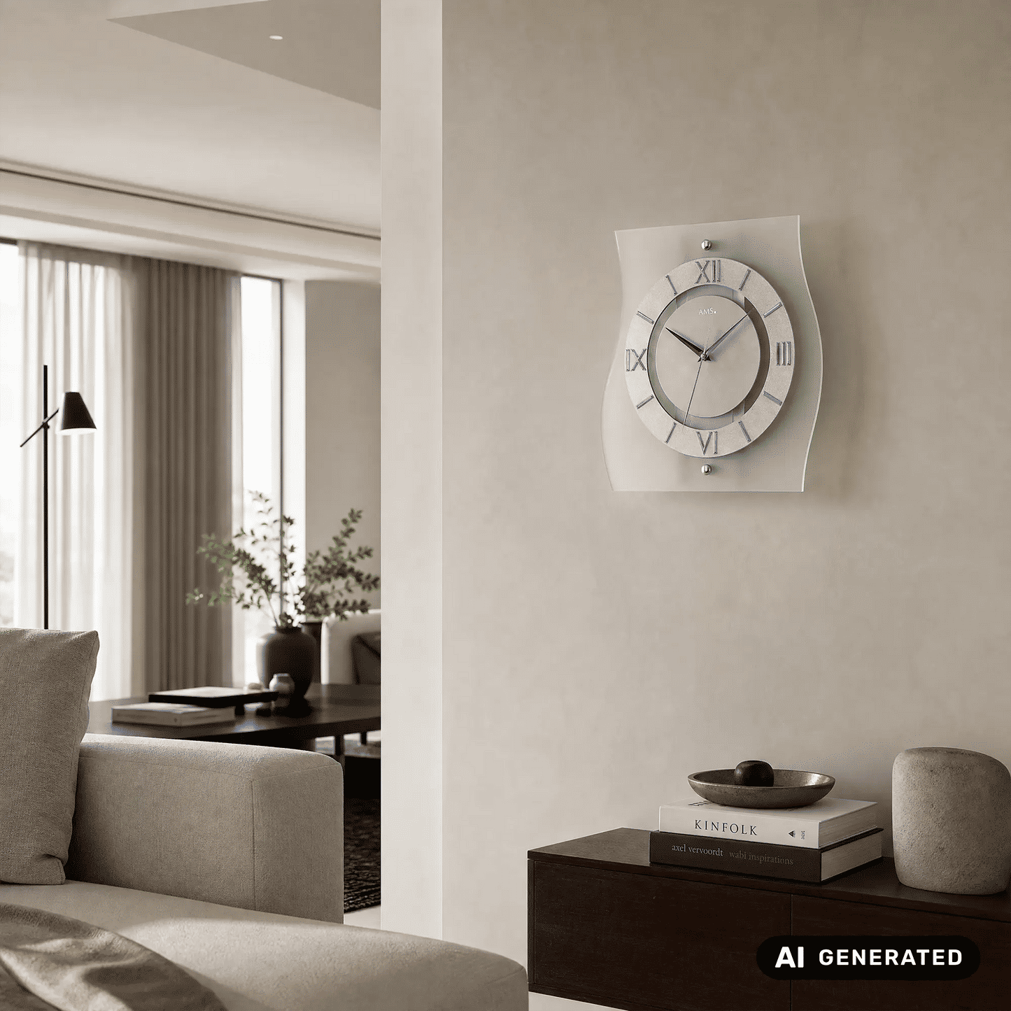 Wanduhr mit silbernem Gehäuse, römischen Ziffern und sichtbaren Zeigern