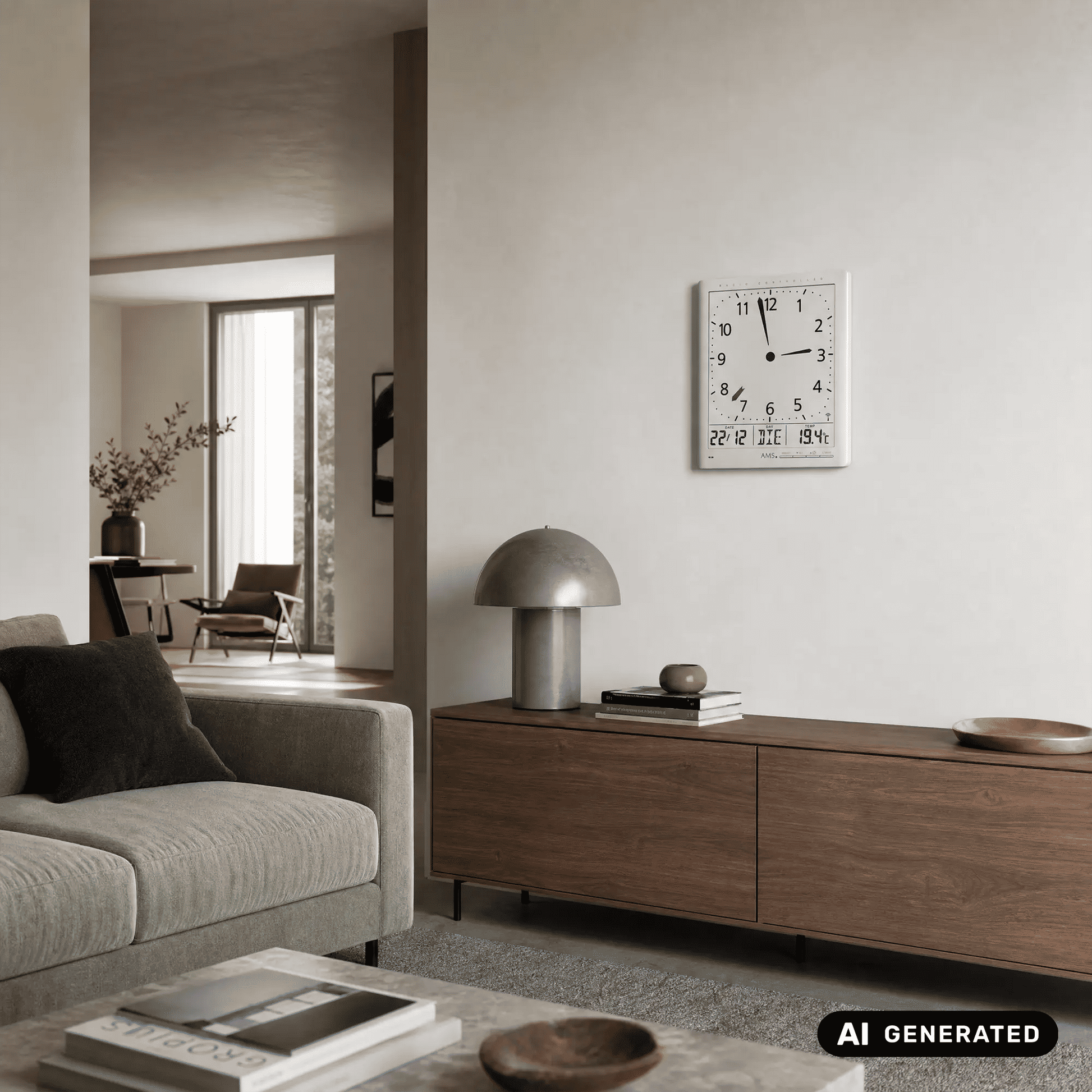 Silberne Funk-Wanduhr an der Wand: analoges Zifferblatt mit digitaler Anzeige