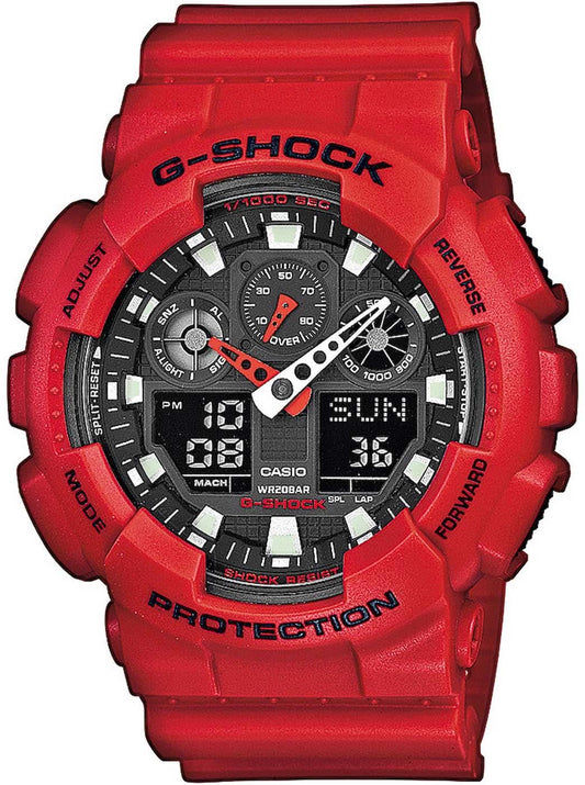 Casio G-Shock herrklocka med rött skyddshölje, svart urtavla och analoga småtavlor