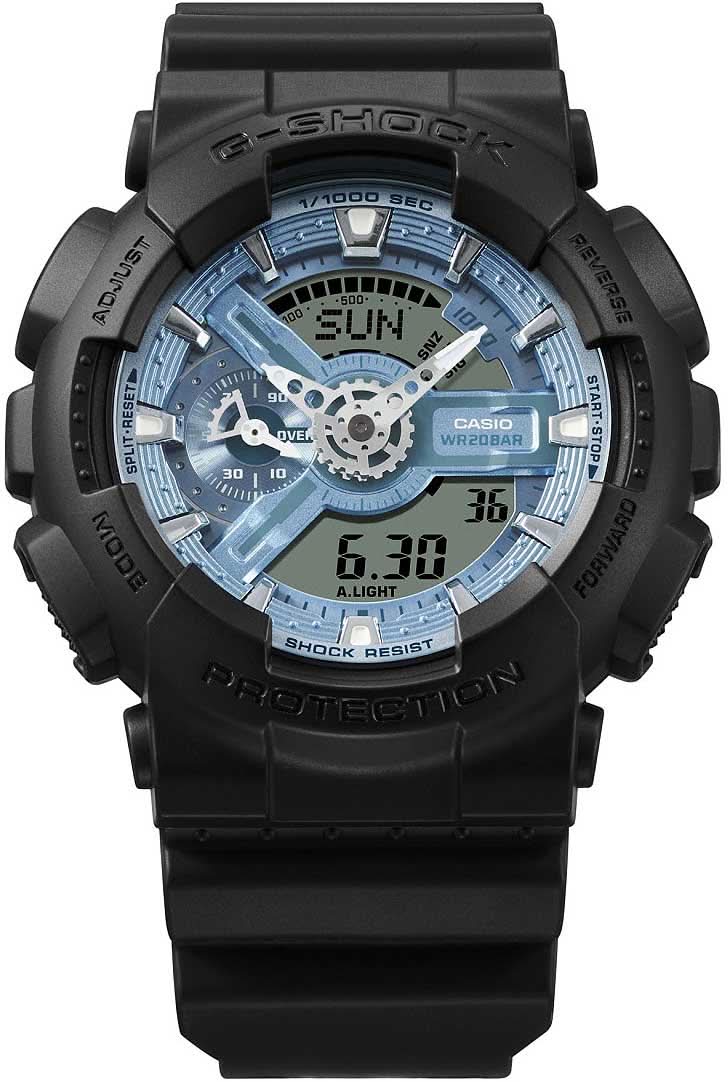 Casio G-Shock herrklocka med svart boett och blå urtavla, subdials