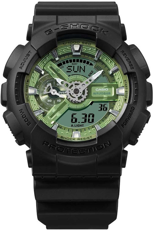 Casio G-Shock herrklocka med svart armband och grön urtavla, digital display.