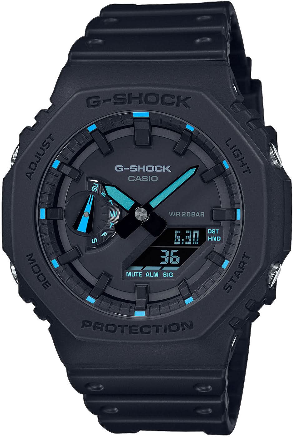 Casio G-Shock herrklocka med svart armband, rund urtavla och blågröna accenter
