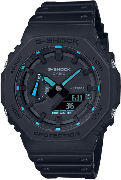 Casio G-Shock herrklocka med svart armband, rund urtavla och blågröna accenter