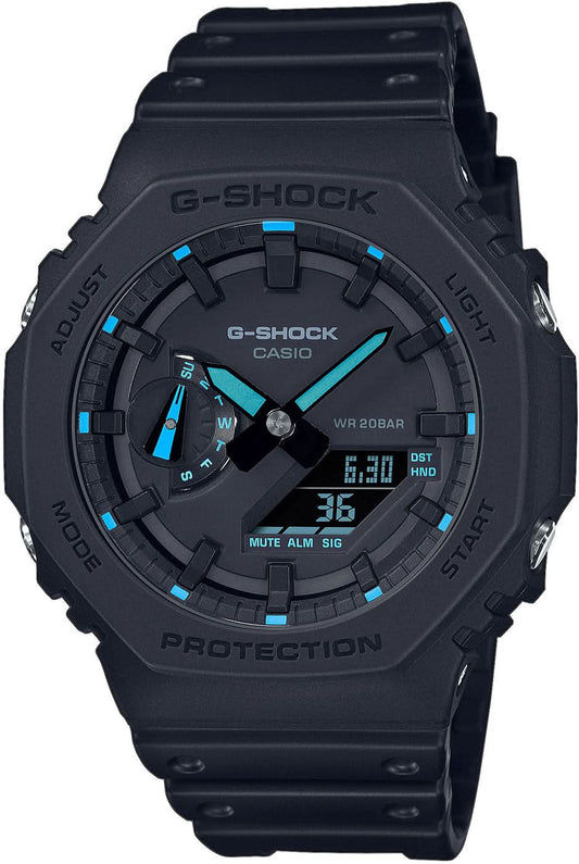 Casio G-Shock herrklocka med svart armband, rund urtavla och blågröna accenter