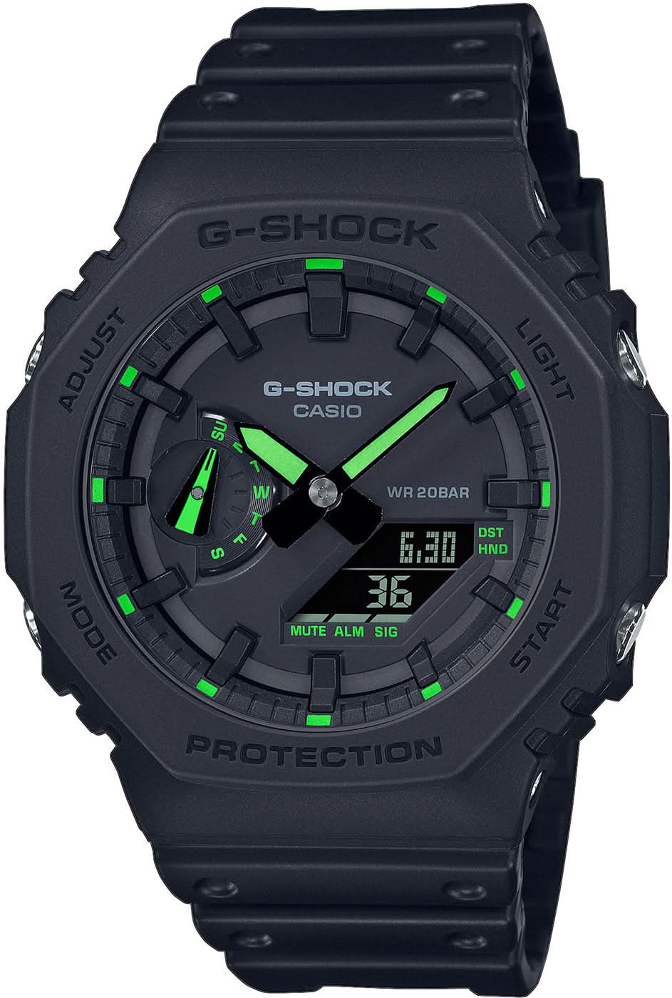 Casio G-Shock herrklocka GA-2100-1A3ER, svart resinarmband, grön digital display