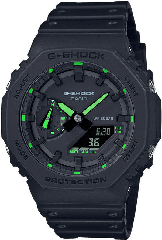 Casio G-Shock herrklocka GA-2100-1A3ER, svart resinarmband, grön digital display