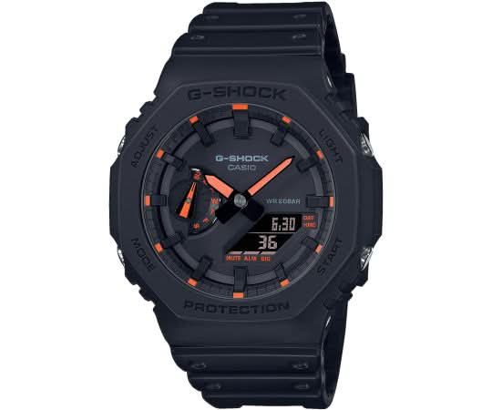 Casio G-Shock herrklocka med svart åttakantigt hölje och digital display, gummiarmband