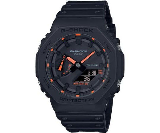 Casio G-Shock herrklocka med svart åttakantigt hölje och digital display, gummiarmband